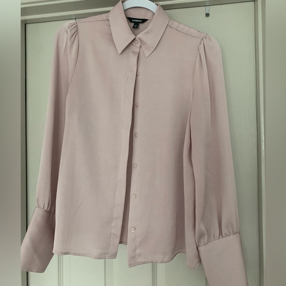 Express Shimmer Pink blouse with cloth covered buttons on the sleeves